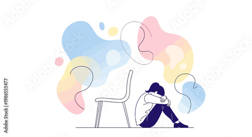 Minimalist vector illustration showing a solitary person sitting curled up near an empty chair with colorful abstract shapes floating around them, rendered in a simple line art style
