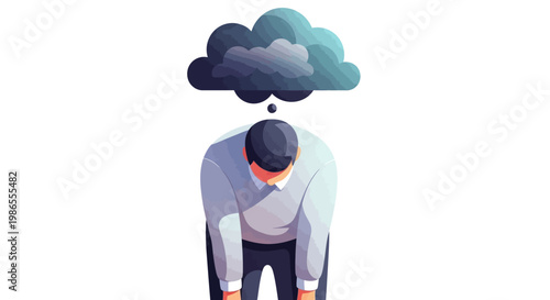 Vector illustration of a person with their head down and a dark cloud above them against a white background, conveying a feeling of sadness and depression with cool, muted tones