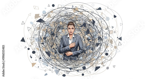 An illustration features a determined woman in a blazer, standing confidently amidst a swirling vortex of interconnected lines and geometric shapes, set against a stark white backdrop