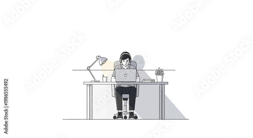 Monochromatic vector illustration shows a person seated at a desk typing on a laptop with a lamp and potted plant, set against a white background, conveying a focused and productive