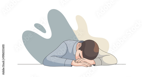 Vector illustration depicting a person resting their head on their arms on a flat surface, set against a stark white backdrop with muted pastel color accents, creating a feeling