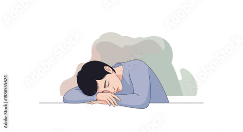 An exhausted young man is depicted in a vector illustration, resting his head on his arms at a table with a minimalist style and a calming, muted color palette against a clean, white