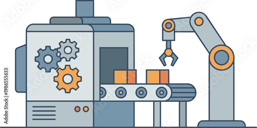 Industrial machine with robotic arm and gears.