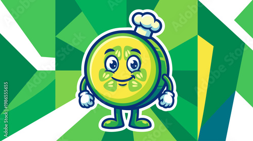 Smiling Green Round Cartoon Character With Chef Hat.