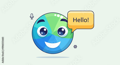 Friendly Globe Greeting: A cheerful globe character with expressive eyes and a welcoming smile extends a friendly greeting with a word bubble Hello!.