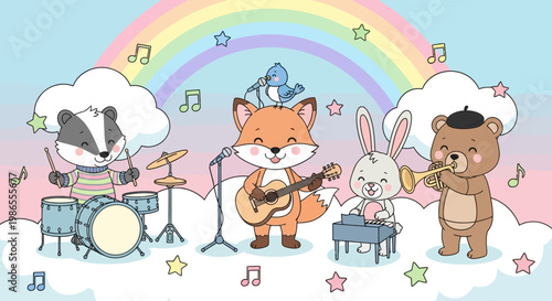 Adorable Animal Orchestra: An enchanting illustration featuring a musical ensemble of charming forest animals, including a fox, badger, rabbit, and bear.