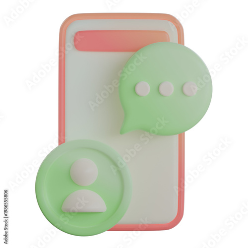 3D smartphone with a speech bubble and profile avatar depicting social media communication and instant messaging