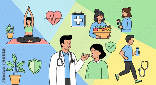 Healthy Lifestyle Icons: A vibrant composition of icons encapsulates the key pillars of a holistic approach to wellbeing, inviting viewers to explore the path towards optimal health and vitality.