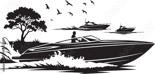 Speedboat, boat silhouette, water sports, vector illustration, black and white