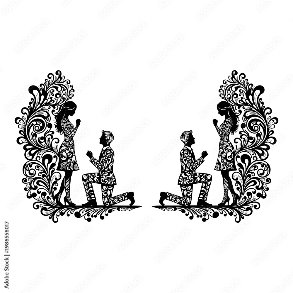 Fototapeta premium Elegant Silhouette Couple Proposal, Romantic Engagement, Ornate Floral Swirls, Black and White SVG Design