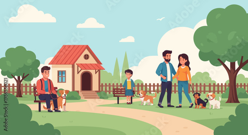 Park Life with Pet Animals: A vibrant scene unfolds in a sun-drenched park, where families and their beloved pets enjoy a leisurely day.