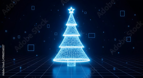 Futuristic Glowing Blue Christmas Tree Illustration on a Grid Background with Geometric Shapes