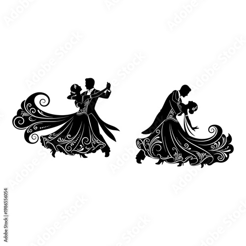 Elegant black and white silhouettes of ballroom dancers in intricate poses Vector, illustration
