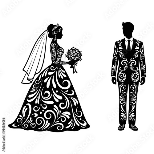 Elegant black and white wedding couple illustration with intricate patterns Vector, illustration