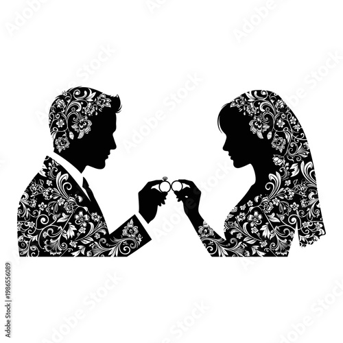 Elegant silhouette of a couple sharing a romantic ring moment Vector, illustration