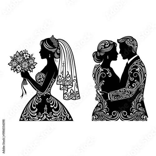 Elegant black and white wedding couple silhouette illustration Vector, illustration