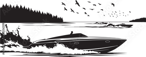 Speedboat, black and white, vector illustration, water sports, speed, boat