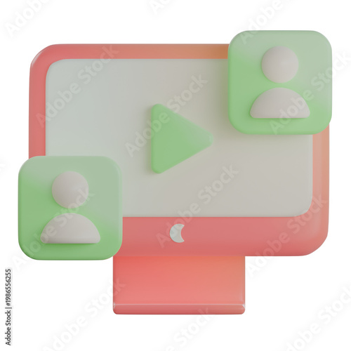3D computer monitor with play button and participant profiles illustrating virtual conferences and video calls