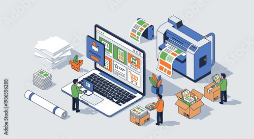 Digital Printing Process: An isometric illustration showcasing the dynamic world of digital printing, depicting a seamless workflow from design on a laptop to the final printed product.