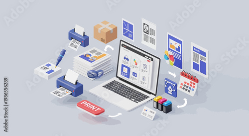 Printing Process Visualization: A creative illustration showcases the stages involved in a printing process, including printers, computer screen, paper sheets, and ink cartridges.
