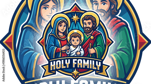 Holy Family stained glass icon reverent religious scene.