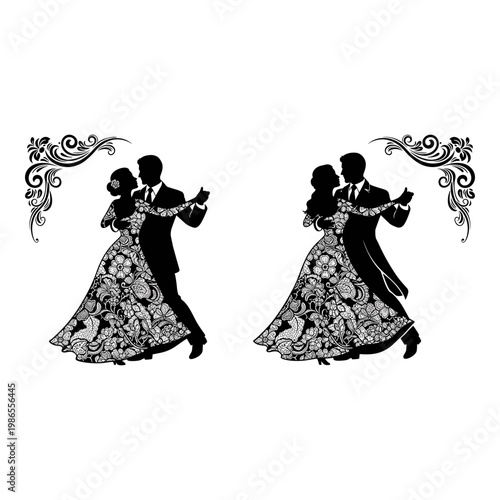 Elegant couples dancing in intricate ball gowns and suits with ornate decorative elements. Vector, illustration