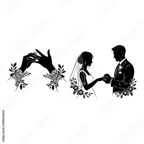 Newlyweds exchanging rings amidst floral decorations in elegant silhouette art Vector, illustration