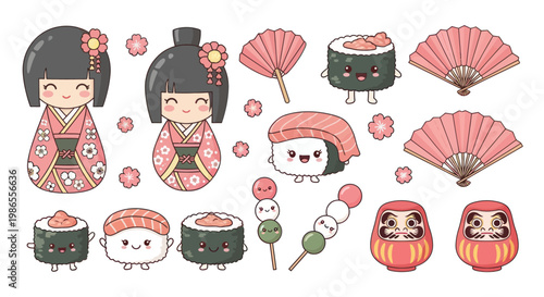Japanese Geisha and Sushi Food Items.