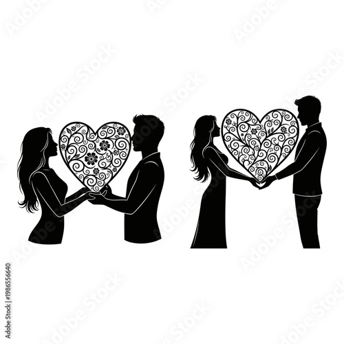 Couples sharing hearts symbolizing love and connection in two different ways Vector, illustration