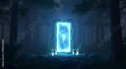Ethereal blue portal shimmering with mystical energy, revealing a gateway to an unknown dimension deep within a dark and enchanted forest