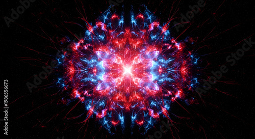 Mesmerizing digital abstract featuring a vibrant red and blue energy core, radiating with intricate fractal patterns and dynamic light effects on a dark background
