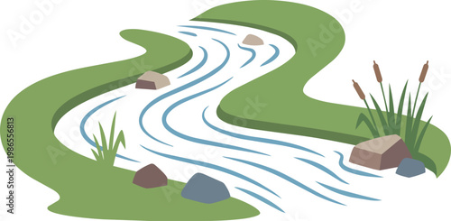 Winding River Stream Through Green Banks.