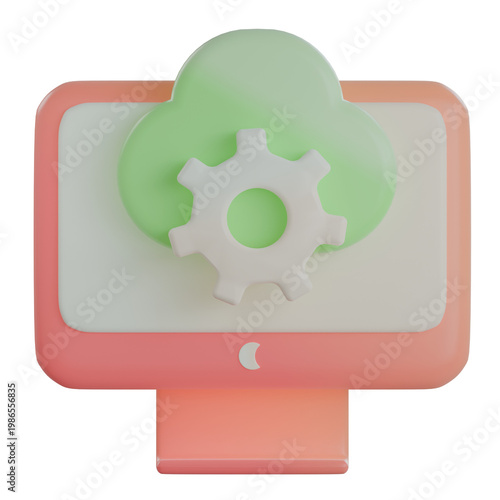 Clean 3D render of a computer monitor with a gear and cloud symbol depicting system processing and cloud-based configuration
