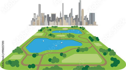 Urban Park Landscape With Lake And City Skyline.