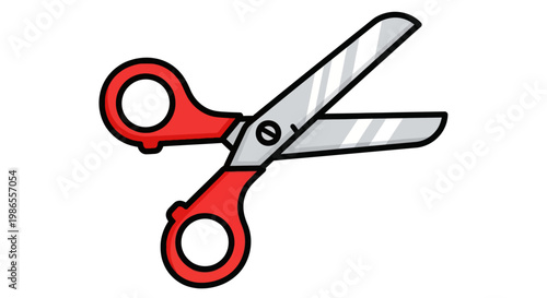 Red handled scissors cutting tool.