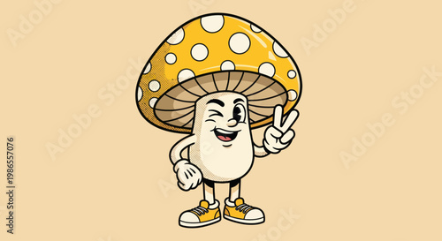 Smiling cartoon mushroom character waving hand.