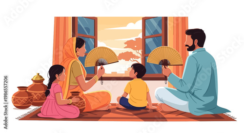 During the hot weather India brings, a family sits together near an open window, fanning themselves with hand fans in a vibrant summer season India illustration, capturing a bright sunny