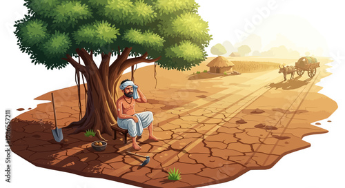 During India's summer season, an illustration depicts a farmer resting in the shade of a banyan tree on parched land, with a bullock cart visible in the distance, conveying the hot climate