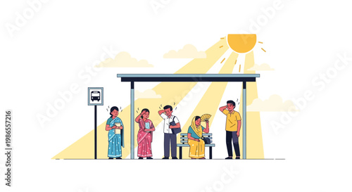 During the summer season in India, people wait at a bus stop on a bright, sunny day, shielding their eyes from the hot sun, with the tropical climate and warm weather creating a challenging
