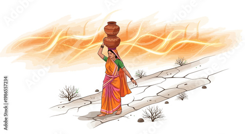 Illustration showing an Indian woman carrying water pots on her head while walking across a cracked, barren landscape under a bright, sunny sky, depicting hot weather and the challenges
