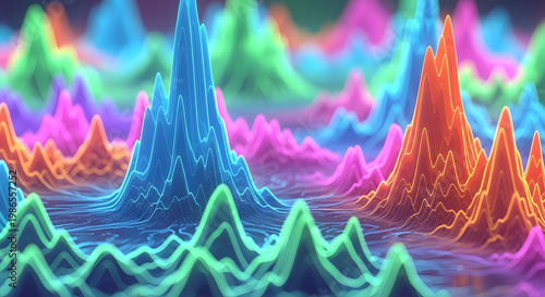 Vibrant abstract sound wave visualization with a spectrum of neon colors creating a surreal landscape effect
