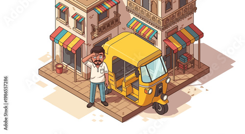 Isometric illustration of a man shielding his eyes from the hot sun, standing next to a yellow auto-rickshaw in India during the summer season, set against a background of traditional
