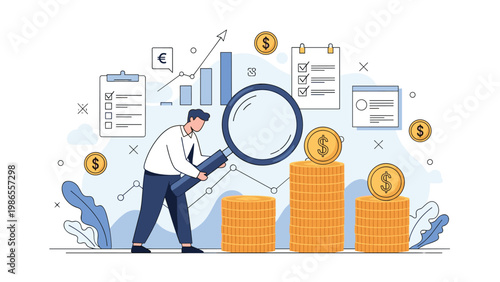Financial auditor uses a magnifying glass to inspect stacks of coins and business documents representing meticulous accounting.