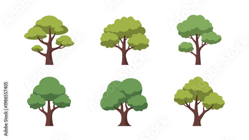 Collection of diverse green leafy tree illustrations featuring different canopy shapes and branch structures for nature designs.