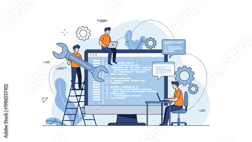Software development team working together on coding and maintenance using a large computer monitor and professional tools.