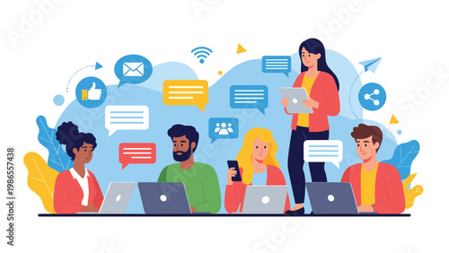 Diverse group of professionals engages in online social media communication and collaborative networking using modern devices.