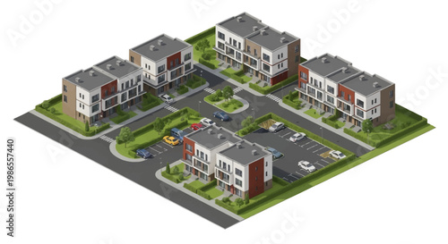 Isometric aerial view of multiple modern townhouses with parking lots and green spaces, presented in a clean, bright architectural rendering against a neutral background, conveying a sense