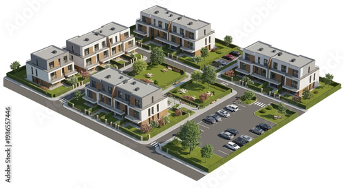 Isometric architectural rendering showcases modern townhouses with parking lots and manicured lawns, set against a neutral background, rendered in a realistic style with natural lighting