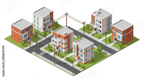 Isometric vector illustration showcasing a neighborhood with multi-story buildings, featuring red brick accents and surrounded by green trees, presented in a top-down perspective with clean