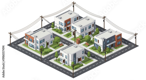Isometric vector illustration of four modern houses arranged around a central square, complete with miniature trees and street details, under electrical lines against a clean white